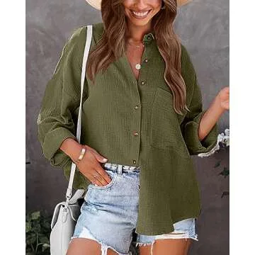 NOLLSOM Casual Shirts for Women Long Sleeve Button Down Blouses Fall 2024 Solid Color Trendy Tops with Pocket