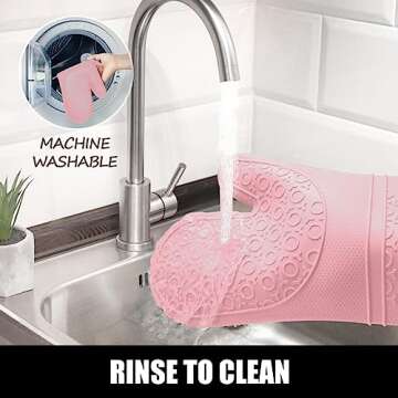 Rorecay Extra Long Oven Mitts and Pot Holders Sets: Heat Resistant Silicone Oven Mittens with Mini Oven Gloves and Hot Pads Potholders for Kitchen Baking Cooking, Quilted Liner, Pack of 6 (Pink)