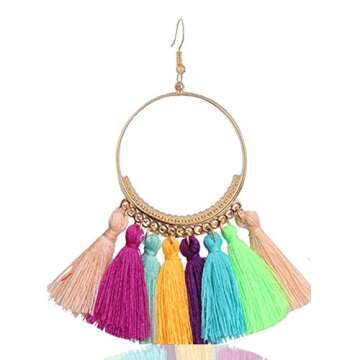 Outee 16 Pairs Tassel Earrings Colorful Long Layered Thread Ball Dangle Earrings Tassel Hoop Fringe Bohemian Tiered Tassel Drop Earrings Stud Earrings Set Fashion Jewelry for Women Gift