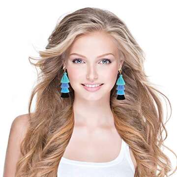 Outee 16 Pairs Tassel Earrings Colorful Long Layered Thread Ball Dangle Earrings Tassel Hoop Fringe Bohemian Tiered Tassel Drop Earrings Stud Earrings Set Fashion Jewelry for Women Gift