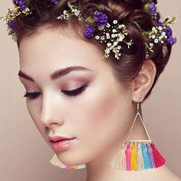 Outee 16 Pairs Tassel Earrings Colorful Long Layered Thread Ball Dangle Earrings Tassel Hoop Fringe Bohemian Tiered Tassel Drop Earrings Stud Earrings Set Fashion Jewelry for Women Gift