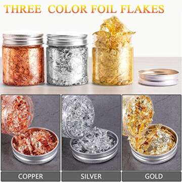 15g Gold Foil Flakes with Tweezers and Brush, 3 Colors Imitation Gold Foil Flakes Metallic Leaf for ...