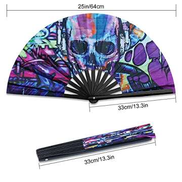 TRENDBOX Large Hand Fan Folding Fan Handheld Bamboo Fan for Women Men for Club, Party, Dance, Performance and Music Festival - Skull