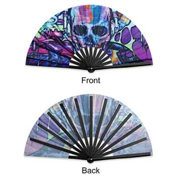 TRENDBOX Large Hand Fan Folding Fan Handheld Bamboo Fan for Women Men for Club, Party, Dance, Performance and Music Festival - Skull