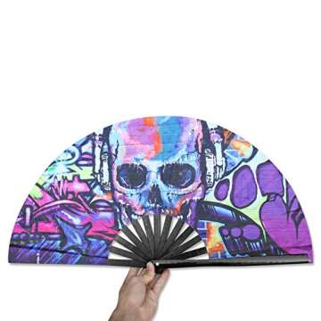 TRENDBOX Large Hand Fan Folding Fan Handheld Bamboo Fan for Women Men for Club, Party, Dance, Performance and Music Festival - Skull