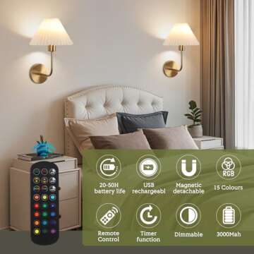 Wireless Wall Sconce Sets of 2, Pleated Shades Rechargeable Battery Operated Wall Sconce, Retro Industrial Gold Wall Lights Bathroom Vanity Sconces, Wall Mounted Lamps for Bedroom Living Room Kitchen