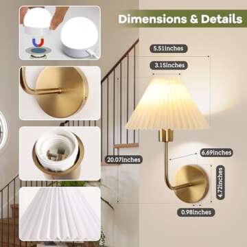 Wireless Wall Sconce Sets of 2, Pleated Shades Rechargeable Battery Operated Wall Sconce, Retro Industrial Gold Wall Lights Bathroom Vanity Sconces, Wall Mounted Lamps for Bedroom Living Room Kitchen