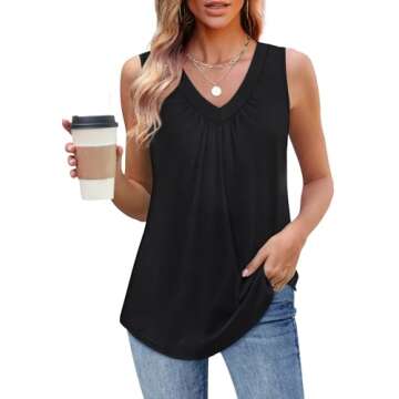 OFEEFAN Womens Summer Tops Black Tank Woman V Neck T Shirts for Women Pleated Front Sleeveless Blous...