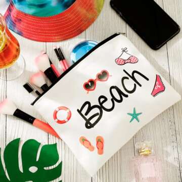 Weewooday Beach Cosmetic Bag for Women Funny Beach Makeup Bag Gifts Beach Accessories Travel Organizer Summer Cotton Case Pouch for Gifts