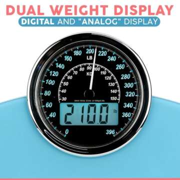 Adamson Hybrid 2-in-1 Analog & Digital Weighing Scale for Body Weight up to 400lbs + Thick Tempered Glass + Extra Large Display + Easy to Read Digital Bathroom Scale + New - Light Blue