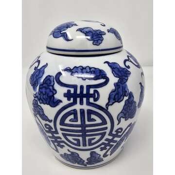Festcool Blue and White Porcelain Ginger Jar Vase 7In