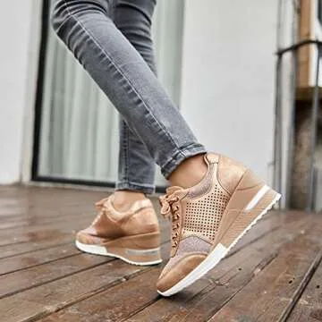 High Heeld Wedge Sneakers for Women - Ladies Hidden Sneakers Lace Up Shoes, Best Chioce for Casual and Daily Wear SM1-PINK-8