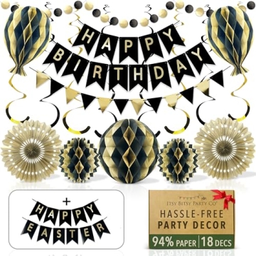 Premium Reusable Happy Birthday Decorations - Black and Gold Birthday Decorations for Women Men - Bl...