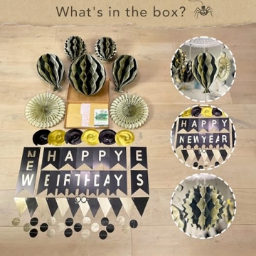 Premium Reusable Happy Birthday Decorations - Black and Gold Birthday Decorations for Women Men - Black Happy Birthday Banner, Honeycomb Decorations, Streamers (Paper Black & Gold Party Decorations)