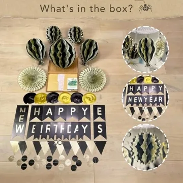 Premium Reusable Happy Birthday Decorations - Black and Gold Birthday Decorations for Women Men - Black Happy Birthday Banner, Honeycomb Decorations, Streamers (Paper Black & Gold Party Decorations)