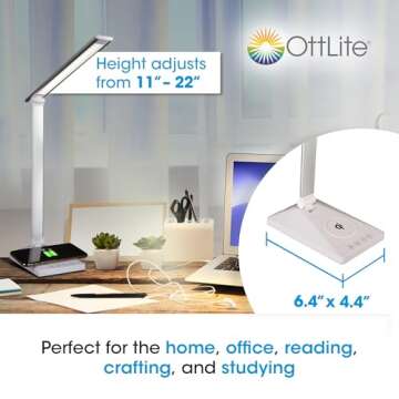 OttLite Entice LED Desk Lamp with Wireless Charger & USB, Book Light, Desk Light, Reading Light, Foldable Arm & Shade, Touch Controls, 3 Color Temperatures, ClearSun LED, Great Lamps for Home Office