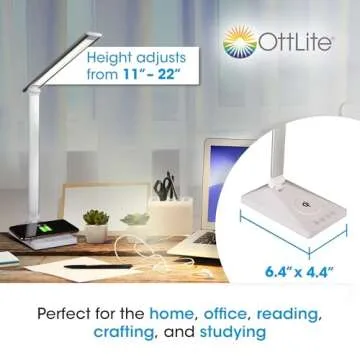 OttLite Entice LED Desk Lamp with Wireless Charger & USB, Book Light, Desk Light, Reading Light, Foldable Arm & Shade, Touch Controls, 3 Color Temperatures, ClearSun LED, Great Lamps for Home Office