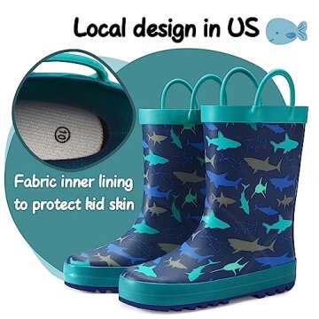K KomForme Kids Rain Boots Waterproof Printed Rubber boots with Handles, Size 10 Toddler, Ocean Worl...