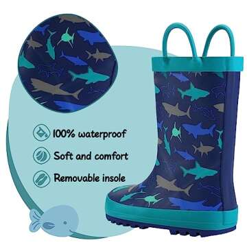 K KomForme Kids Rain Boots Waterproof Printed Rubber boots with Handles, Size 10 Toddler, Ocean World