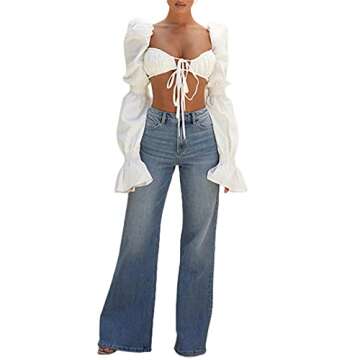 Remidoo Women's Sexy Self Tie Front Ruched Puff Long Sleeve Crop Top Blouse White Small