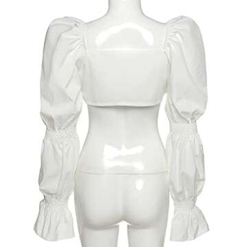 Remidoo Women's Sexy Self Tie Front Ruched Puff Long Sleeve Crop Top Blouse White Small