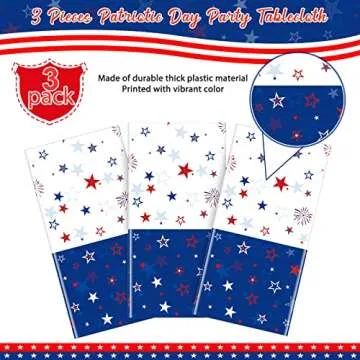 3 Pack Patriotic Tablecloth Decorations for 4th of July Independence Day, Plastic Memorial Day Table Cover Printed with Stars and Fireworks for Patriotic Themed Party Supplies, 54 x 108 Inch