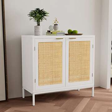 Anmytek Rattan Cabinet, White Sideboard Buffet with Storage Spacious Storage Cabinet with 2 Rattan Decorated Doors Fixed Shelf Large Space for Living Room Hallway Entryway Dining Room, H0012