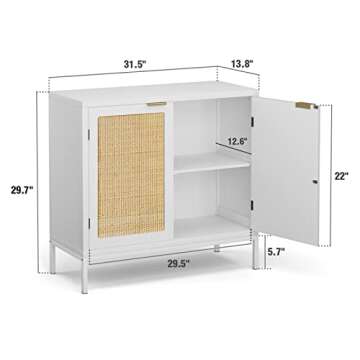 Anmytek Rattan Cabinet, White Sideboard Buffet with Storage Spacious Storage Cabinet with 2 Rattan Decorated Doors Fixed Shelf Large Space for Living Room Hallway Entryway Dining Room, H0012