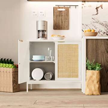 Anmytek Rattan Cabinet, White Sideboard Buffet with Storage Spacious Storage Cabinet with 2 Rattan Decorated Doors Fixed Shelf Large Space for Living Room Hallway Entryway Dining Room, H0012