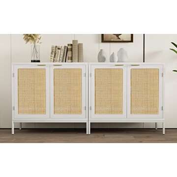Anmytek Rattan Cabinet, White Sideboard Buffet with Storage Spacious Storage Cabinet with 2 Rattan Decorated Doors Fixed Shelf Large Space for Living Room Hallway Entryway Dining Room, H0012