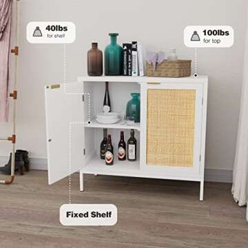 Anmytek Rattan Cabinet, White Sideboard Buffet with Storage Spacious Storage Cabinet with 2 Rattan Decorated Doors Fixed Shelf Large Space for Living Room Hallway Entryway Dining Room, H0012