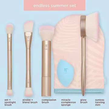 Real Techniques Endless Summer Makeup Brush Kit, Face Brushes, For Foundation, Powder, Highlight, Contour, & Bronzer, Inlcudes Tanning Mitt, Premium Quality, 6 Piece Set