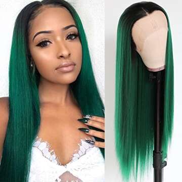QD-Tizer Lace Front Wigs, Long Straight Hair Ombre Green Wig Glueless Heat Resistant Fiber Hair Synthetic Lace Front Wigs for Fashion Women
