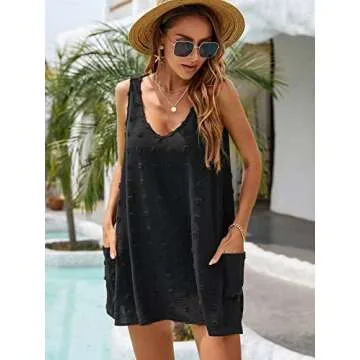 Blooming Jelly Womens Swiss Polka Dot Swimsuit Coverup V Neck Beach Bathing Suit Cover Up Summer Dress (X-Small, Black)
