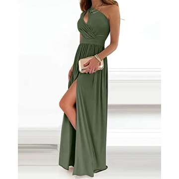 BTFBM Women's One Shoulder Cutout Sleeveless Maxi Dresses Side High Split Elegant Formal Prom Bodycon Party Cocktail Dress(Solid Army Green, Large)