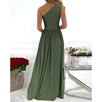 BTFBM Women's One Shoulder Cutout Sleeveless Maxi Dresses Side High Split Elegant Formal Prom Bodycon Party Cocktail Dress(Solid Army Green, Large)