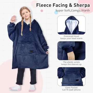 Solaris Wearable Blanket Hoodie for Kids - Warm Soft Gift, Oversized Cozy Sherpa Fleece Sweatshirt Pullover for Teens, Girls, Boys, Large Pocket, Dark Blue