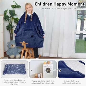 Solaris Wearable Blanket Hoodie for Kids - Warm Soft Gift, Oversized Cozy Sherpa Fleece Sweatshirt Pullover for Teens, Girls, Boys, Large Pocket, Dark Blue