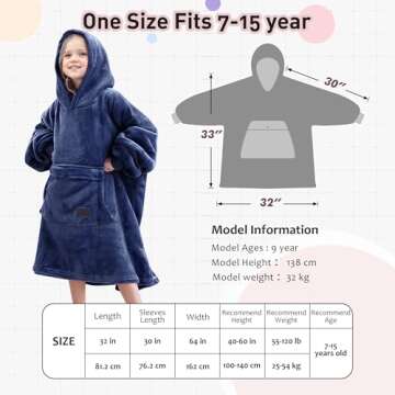 Solaris Wearable Blanket Hoodie for Kids - Warm Soft Gift, Oversized Cozy Sherpa Fleece Sweatshirt Pullover for Teens, Girls, Boys, Large Pocket, Dark Blue