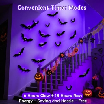 Kelumi Halloween Bats Fairy Lights Wall Decor, 20 Packs Lighted Bats Stickers with Timer Halloween P...