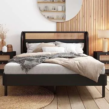 Merax Modern Rustic Solid Wood Platform Bed with Rattan Headboard Full Bed Frame No Box Spring Needed/Easy Assemble,Black