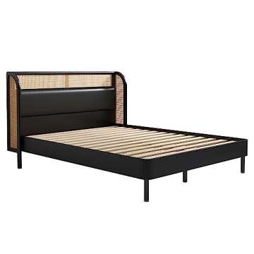 Merax Modern Rustic Solid Wood Platform Bed with Rattan Headboard Full Bed Frame No Box Spring Needed/Easy Assemble,Black