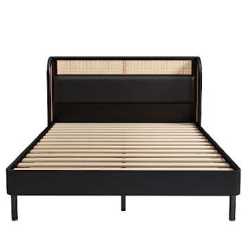 Merax Modern Rustic Solid Wood Platform Bed with Rattan Headboard Full Bed Frame No Box Spring Needed/Easy Assemble,Black