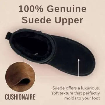 CUSHIONAIRE Women's Hip 2 Genuine Suede Ankle Snow Boots - Pull-On with Cozy Faux Shearling Lining, +Memory Foam, Winter Boots For Women, Black 6.5