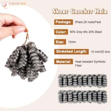 PHOCAS HairPhocas 5 Packs Synthetic Short Curly Crochet Hair 10 inch 20roots/pack for Crochet Braids Hair(Gray)