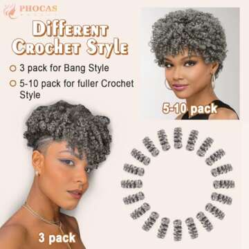 PHOCAS HairPhocas 5 Packs Synthetic Short Curly Crochet Hair 10 inch 20roots/pack for Crochet Braids Hair(Gray)