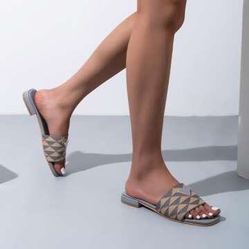 podafu Women's Embroidered Slides Square Open Toe Sandals Casual Beach Flats Sandals 38 Black