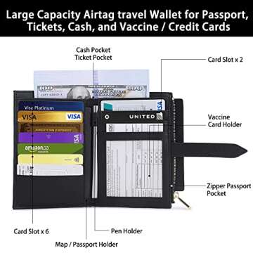 Airtag Passport Holder for Women, RFID Blocking Travel Passport Case with Credit Card Holders, Bifold Air Tag Wallets for Ladies, Slim Thin Leather Passport Wallet with Zipper Pocket, Black