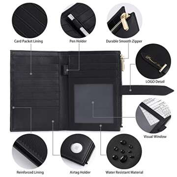 Airtag Passport Holder for Women, RFID Blocking Travel Passport Case with Credit Card Holders, Bifold Air Tag Wallets for Ladies, Slim Thin Leather Passport Wallet with Zipper Pocket, Black