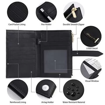 Airtag Passport Holder for Women, RFID Blocking Travel Passport Case with Credit Card Holders, Bifold Air Tag Wallets for Ladies, Slim Thin Leather Passport Wallet with Zipper Pocket, Black